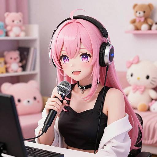 Anime-style digital artwork of a cute pink-haired girl with purple eyes, wearing headphones, black tank top, and choker, singing into a microphone in