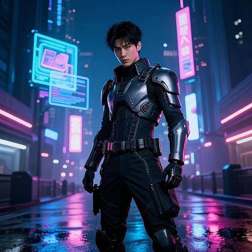 Cyberpunk cityscape photograph of a young man in black, shiny, futuristic armor with neon lights reflecting on a wet street.