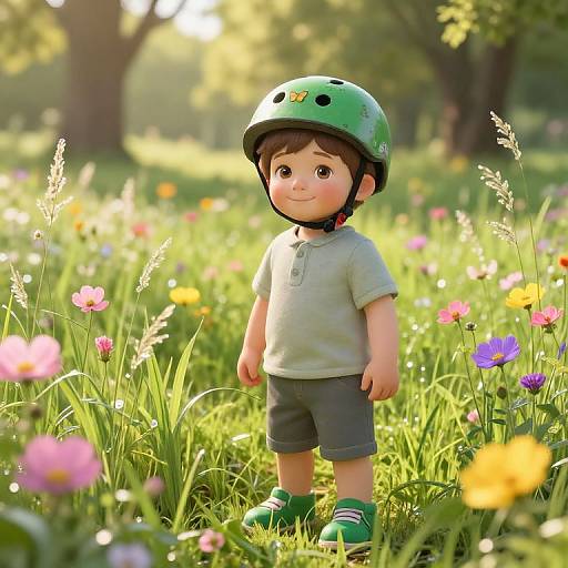 Photograph-like CGI of a cute, brown-haired toddler in a green helmet, grey shirt, and green shorts, standing in a sunlit meadow