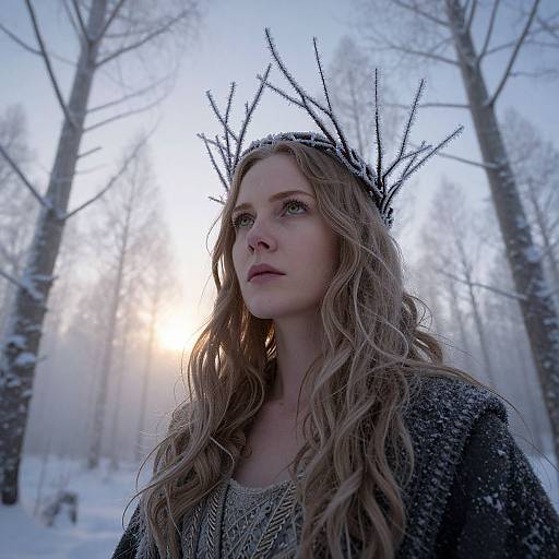 Photograph of a pale-skinned, blonde-haired woman with wavy hair, wearing a black, spiked crown and dark cloak, standing in a snowy