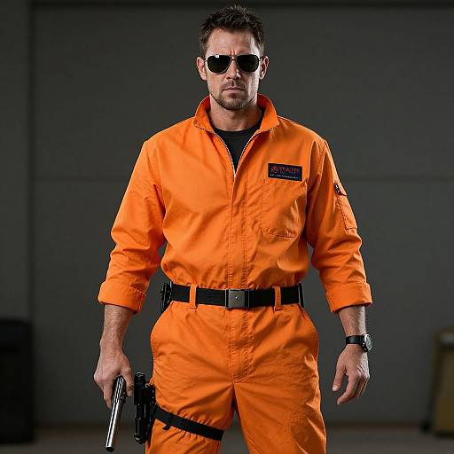Photograph of a muscular, bearded man in an orange prison jumpsuit, black belt, and sunglasses, holding a gun, standing confidently in a