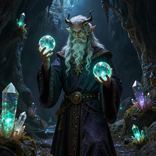 Digital fantasy artwork of a white-bearded, horned demon wizard holding glowing crystal orbs in a dark, mystical forest with luminescent crystals.