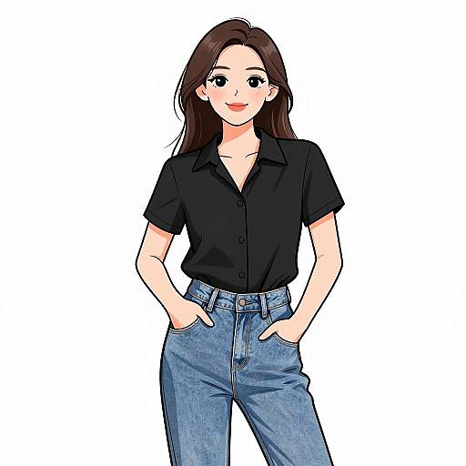 Digital anime-style drawing of a smiling woman with long brown hair, wearing a black short-sleeve button-up shirt and blue jeans, hands in pockets