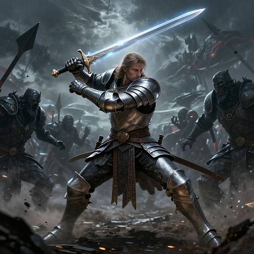 Digital illustration of a fierce, blonde warrior in shining silver armor, wielding a glowing blue sword, standing ready to strike against a dark, stormy battlefield