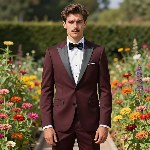 Man in Maroon Suit in Flower Garden