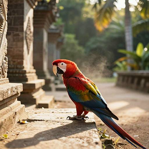 Photograph of a vibrant red, blue, and yellow macaw perched on ancient stone steps amidst lush greenery and sunlit ruins.