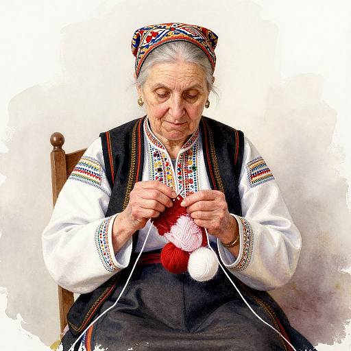 Photograph of an elderly woman with gray hair, wearing traditional embroidered white blouse and black vest, knitting red and white yarn.