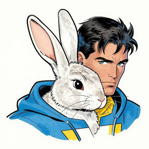 Comic-style illustration of a serious dark-haired man in a blue hoodie with a white rabbit perched on his shoulder.