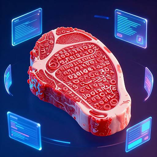 Digital CGI image of a red, intricately textured steak surrounded by glowing blue holographic screens displaying text against a dark background.