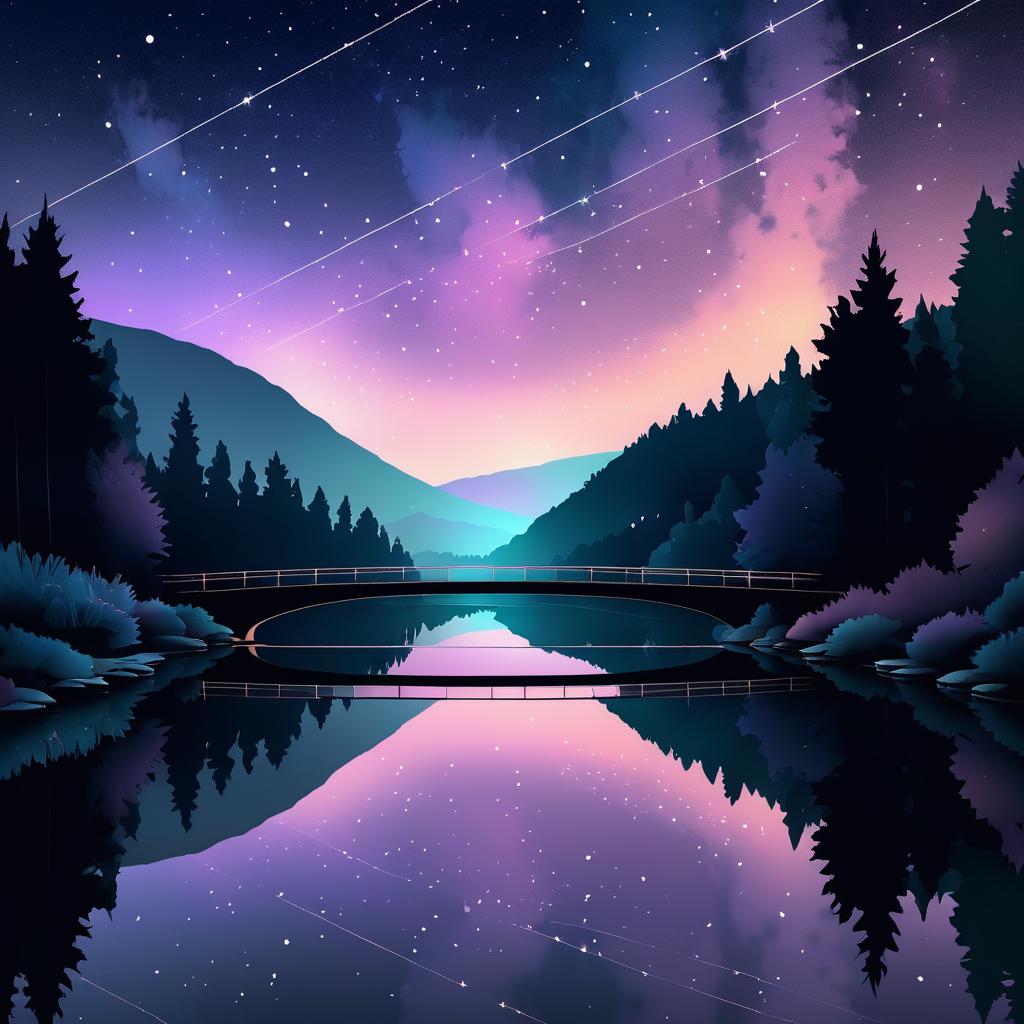 Abstract Night Bridge Over a Serene Lake