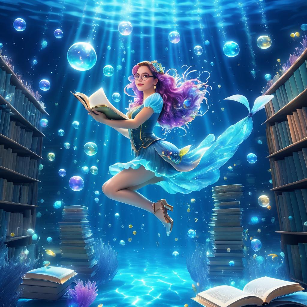 Whimsical Mermaid Librarian Underwater Scene