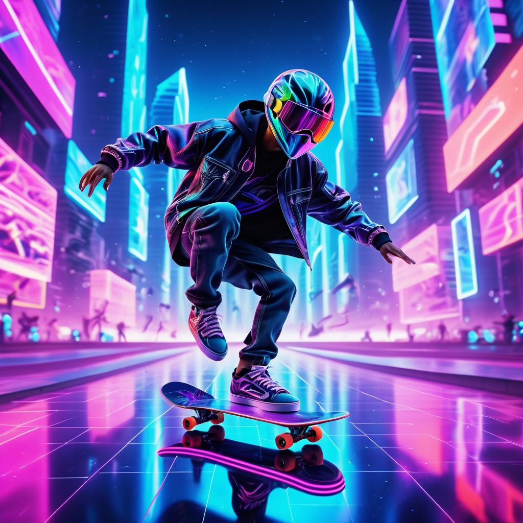 Dynamic Alien Skateboarder in Neon City