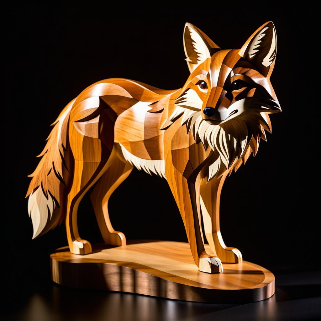 Hyperrealistic Wooden Carved Fox Sculpture