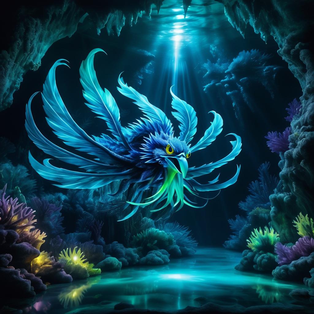 Mystical Underwater Cave with Hybrid Creature