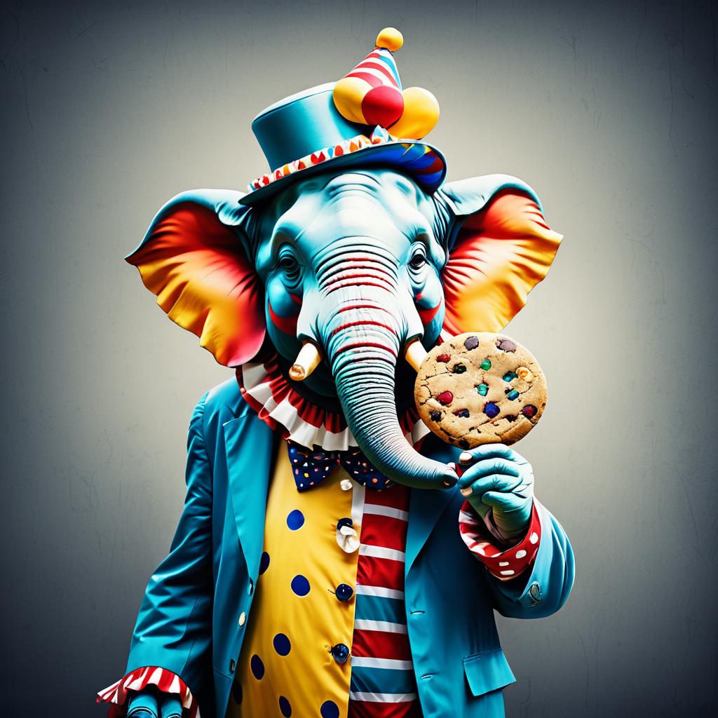 Whimsical Clown Elephant Enjoying a Cookie