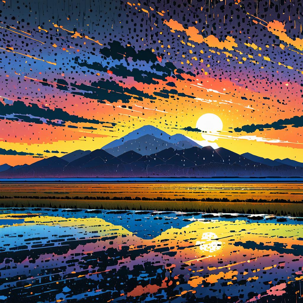 Comic-Style Sunset Over Salt Flats