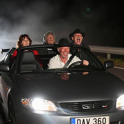 Group of Friends Driving at Night in Convertible