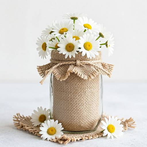 Photograph of a glass jar wrapped in burlap, filled with white daisies with yellow centers, and tied with a burlap ribbon
