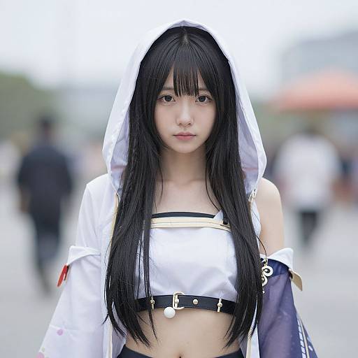Young East Asian woman in white hooded cosplay outfit with long black hair, white crop top, black belt, and detached sleeves. Blurred urban background