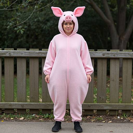 Photograph of a smiling woman in a pink pig costume with floppy ears, standing on a wooden path in a green, tree-filled park.