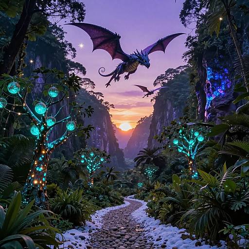 Fantasy photograph: A dragon flies over a glowing, bioluminescent jungle canyon at sunset, with turquoise orbs and a winding snowy path.