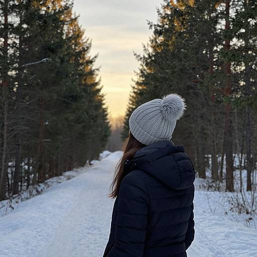 Photograph of a woman with long brown hair, wearing a gray knitted hat and black puffer jacket, standing on a snowy forest path with tall