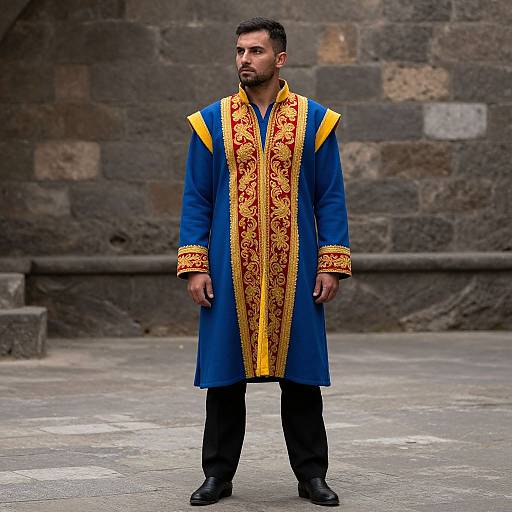 Photograph of a bearded man in a blue traditional long coat with yellow and red ornate embroidery, standing against a stone wall.