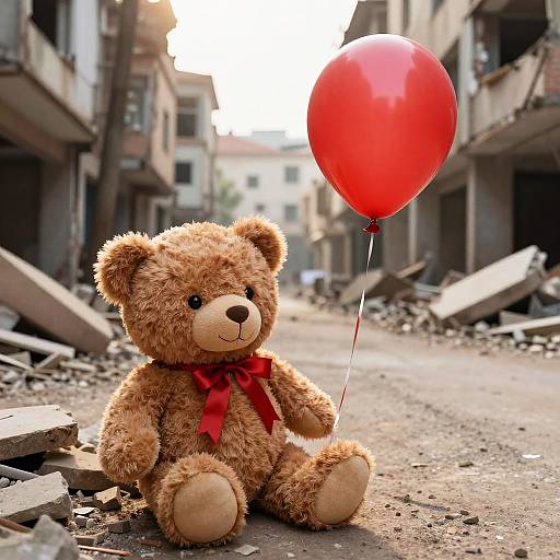 Photograph of a fluffy brown teddy bear with a red bow, sitting on a rubble-strewn, sunlit, abandoned street, holding a