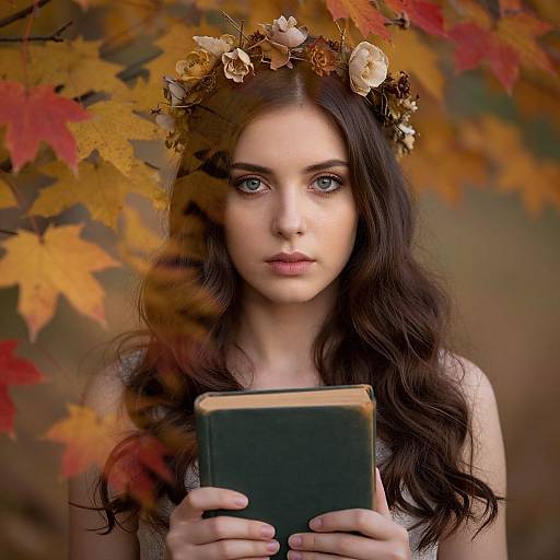 Photograph of a fair-skinned woman with long, wavy dark brown hair, wearing a floral crown and holding a vintage book, surrounded by autumn