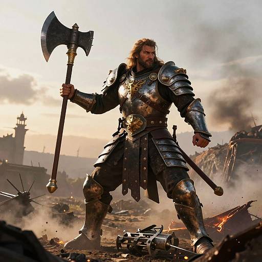 Photorealistic CGI of a bearded warrior in metallic armor, holding a large axe, standing amidst a chaotic battlefield with burning debris and smoke, under