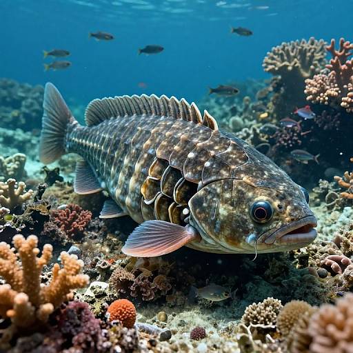 Photograph of a spotted trevally fish swimming among vibrant coral reefs and small fish in a clear, blue ocean.