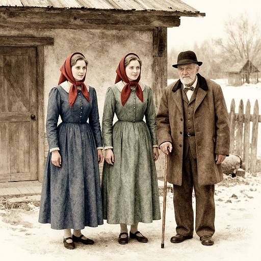 Photograph of an elderly man with a cane, and two young women in blue and green Victorian dresses, standing in front of a rustic wooden house.