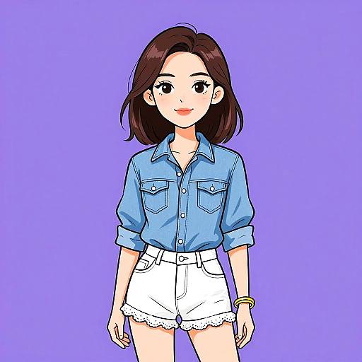 Casual woman in denim shirt and lace-trimmed shorts