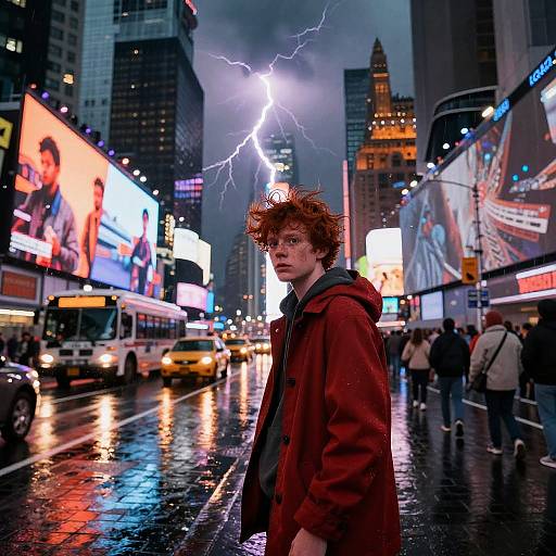 Photograph of a red-haired person with messy hair, red coat, and intense expression, standing in a rain-soaked, lightning-lit New York