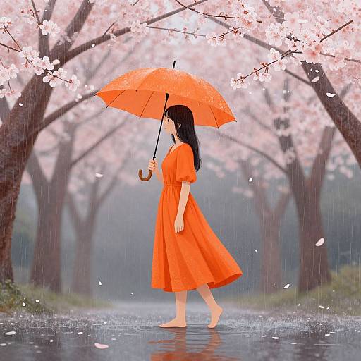 Digital art of a barefoot woman in an orange dress holding a red umbrella, walking through a rainy cherry blossom path.
