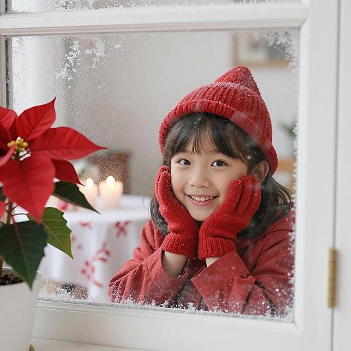 Smiling Girl in Red Winter Clothing by Frosted Window