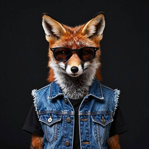 Photograph of a realistic anthropomorphic fox wearing black sunglasses and a frayed blue denim vest over a black shirt against a black background.