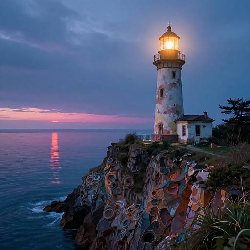 Photograph of a glowing lighthouse on a rocky cliff at dusk, with colorful sailboat flags, calm ocean, and a pink-orange sunset sky.