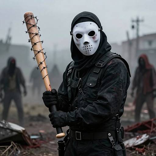 Photograph of a masked figure in black tactical gear holding a barbed-wire wrapped baseball bat, standing in a foggy, post-apocalyptic wast