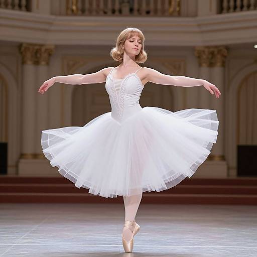 Photograph of a blonde ballerina in a white, sleeveless tutu, en pointe, performing an elegant arabesque in an orn