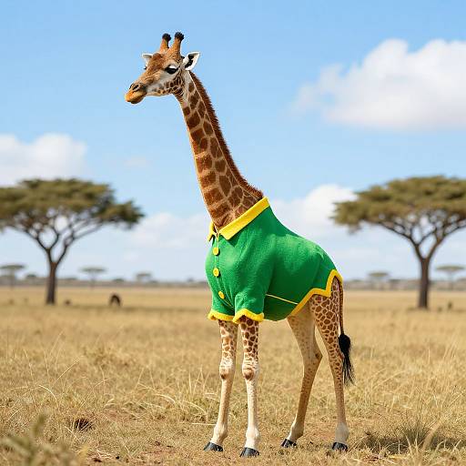 Photograph of a giraffe wearing a green and yellow shirt, standing in a dry savanna with acacia trees and a blue sky.