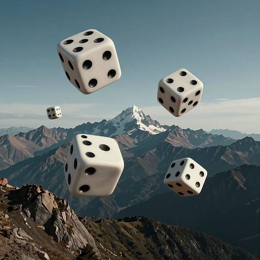 Photorealistic CGI: Floating white dice with black spots against a backdrop of snow-capped mountain peaks under a clear blue sky.