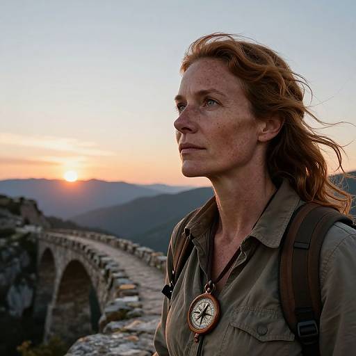 Photograph of a red-haired woman with freckles, wearing a green shirt and compass necklace, standing at a mountain sunset with a stone arch bridge