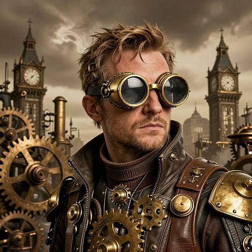 Steampunk man with brown leather jacket, brass gears, and goggles, stands before clock towers under a cloudy sky. Digital art.
