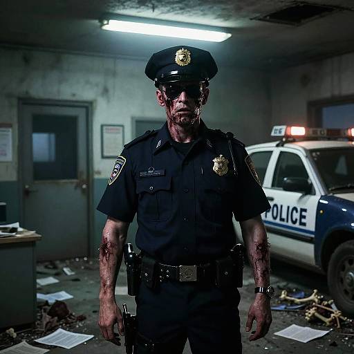 Photograph of a bloodied, intense male police officer in dark uniform, hat, and badge, standing in dimly-lit, cluttered police