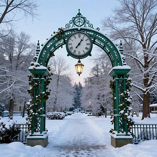 Photograph of a snow-covered park pathway with a green, wrought iron clock archway, illuminated lantern, and leafy vines, flanked by snow