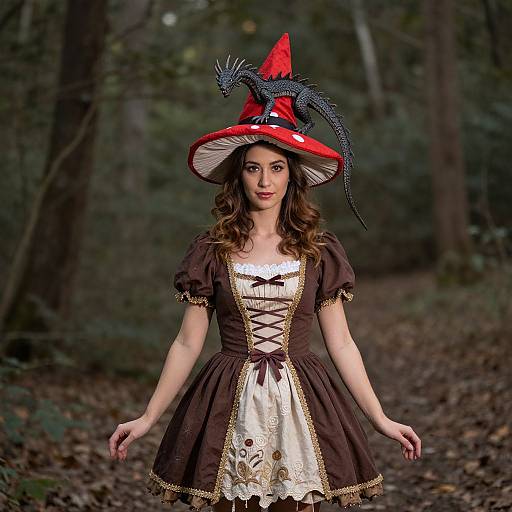 Photograph of a young woman in a forest, wearing a brown and white witch costume with a red hat adorned with a black dragon, smiling with arms