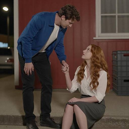 Man Helping Woman at Night Outdoors