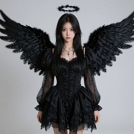 Photograph of an Asian woman with long black hair, black feathered wings, halo, wearing a black, lace, gothic dress, and cross