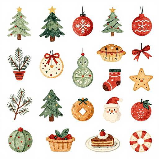 Watercolor Christmas illustration: trees, ornaments, stockings, pine, cake, waffle, star, candy cane, wreath, potted pine,